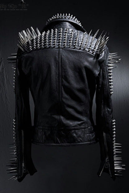 ull Black Punk Silver Long Spiked Studded Leather Buttons Up Jacket