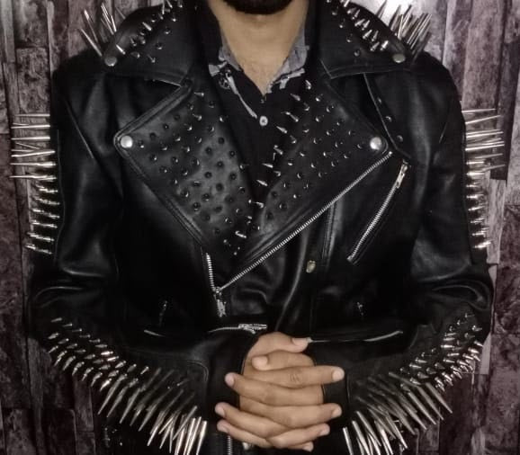 ull Black Punk Silver Long Spiked Studded Leather Buttons Up Jacket