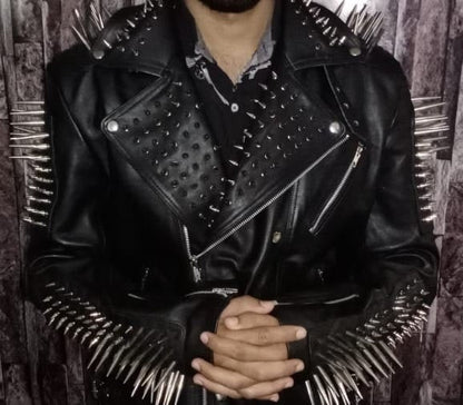 ull Black Punk Silver Long Spiked Studded Leather Buttons Up Jacket