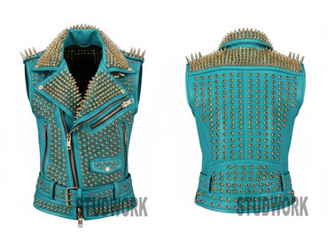 Cyan Anarchy Gold-Spiked Leather Vest