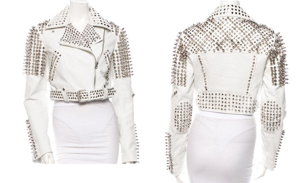 Handmade White Studded Leather Jacket