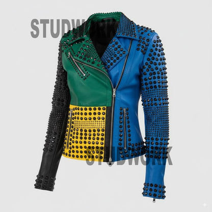 Chromatic Riot Multi-Color Studded Leather Jacket