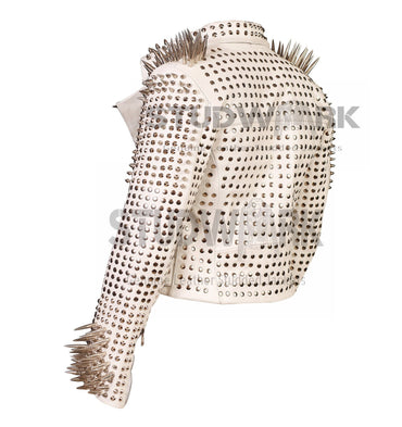 White Silver-Studded Cowhide Leather Jacket