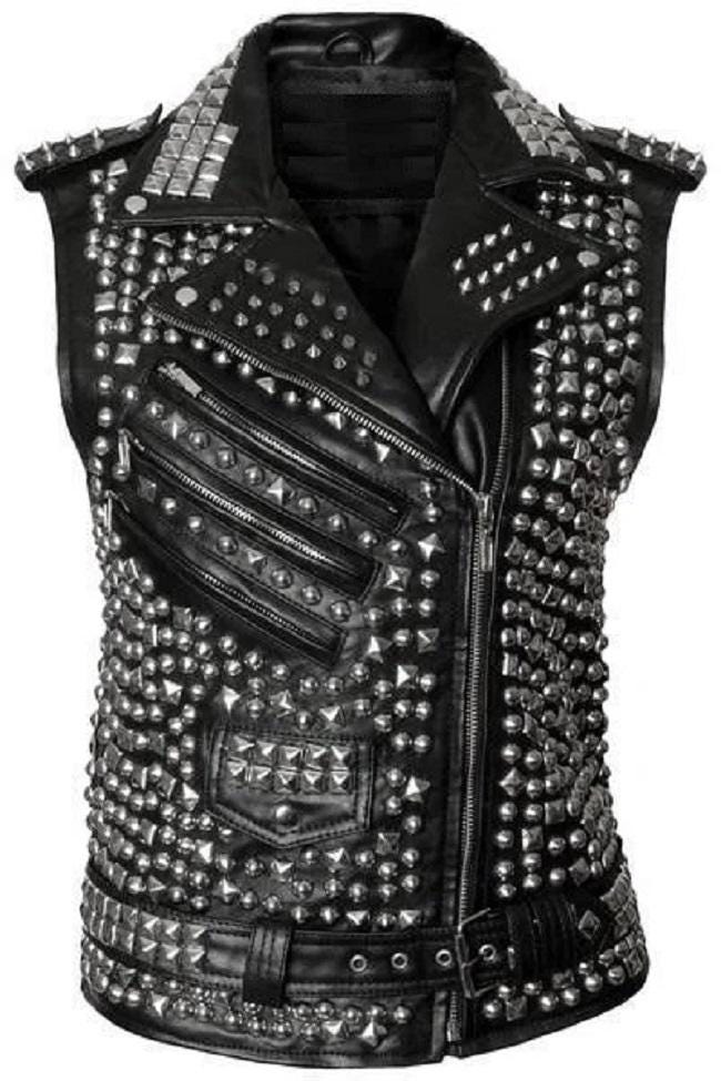 Midnight Siren Silver Studded Brando Leather Vest