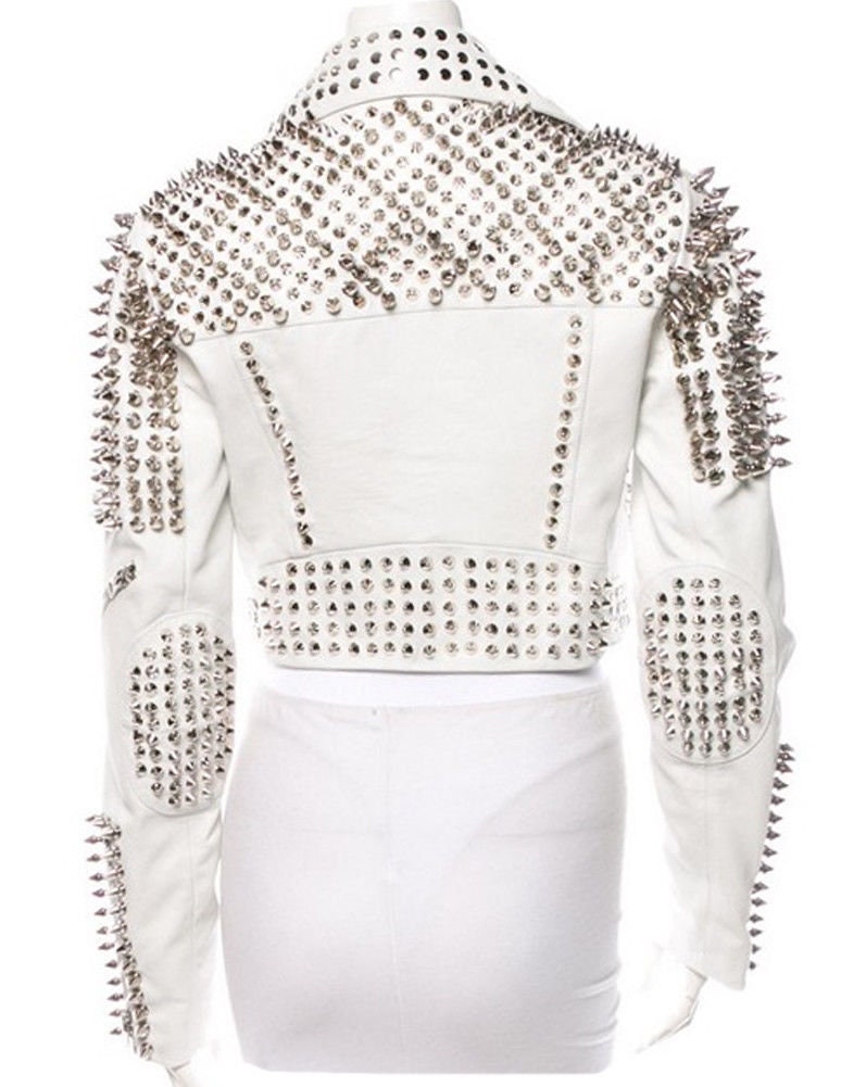 Handmade White Studded Leather Jacket