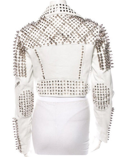 Handmade White Studded Leather Jacket