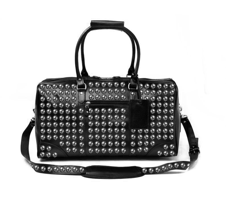 Black Silver Studded Leather Duffel Bag