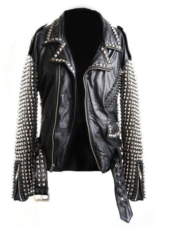 Black & Silver Studded Biker Leather Jacket