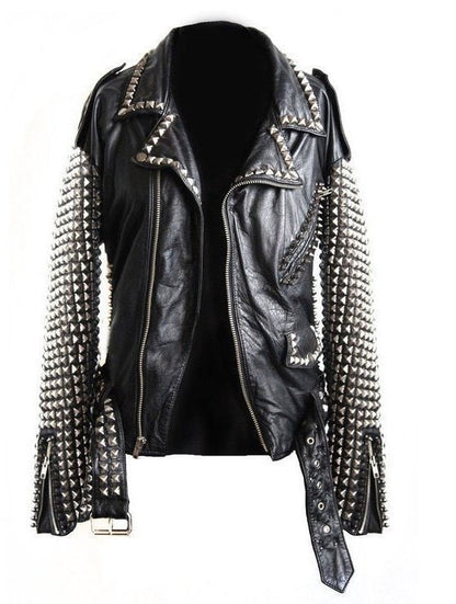 Black & Silver Studded Biker Leather Jacket