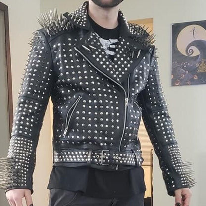 Full Black Steampunk Spiked Leather Jacket