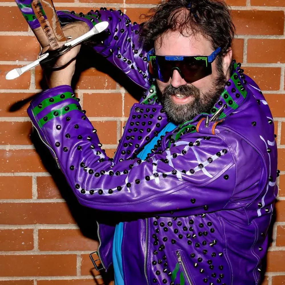 Neon Dominion Purple × Green Studded Brando Leather Jacket