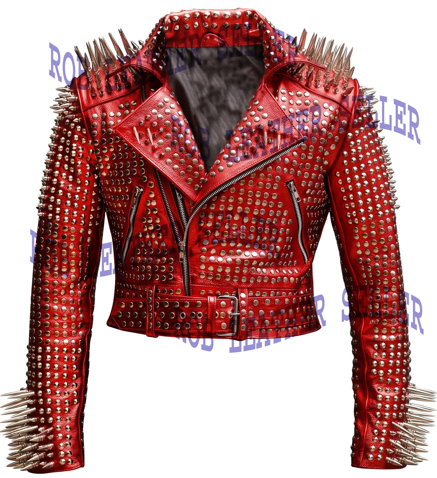 Crimson Vandal Silver Spike Studded Brando Leather Jacket