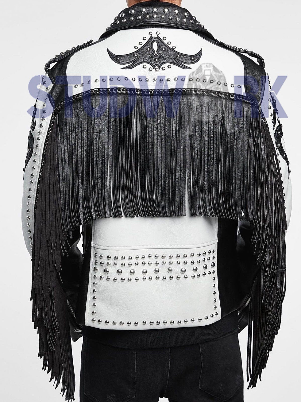 Monochrome Renegade Two-Tone Fringed Studded Leather Jacket
