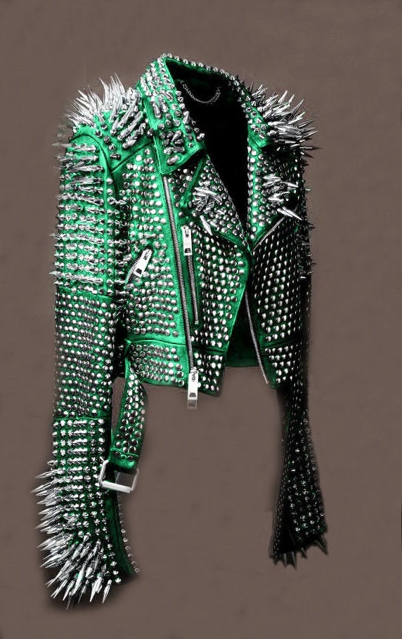 Verdant Voltage Spiked Steampunk Leather Jacket