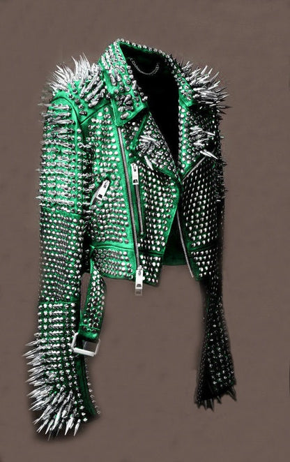 Verdant Voltage Spiked Steampunk Leather Jacket