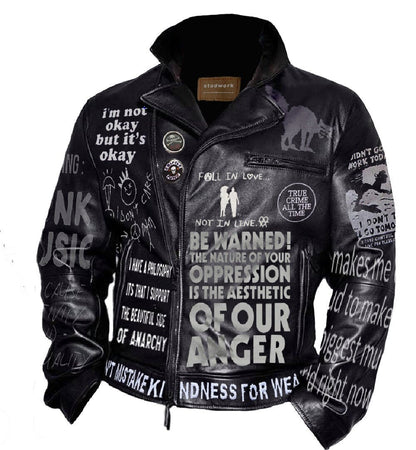 "I Am Not Okay" Printed Leather Jacket
