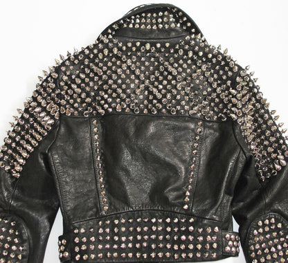 Black Silver Studded Leather Punk Biker Jacket