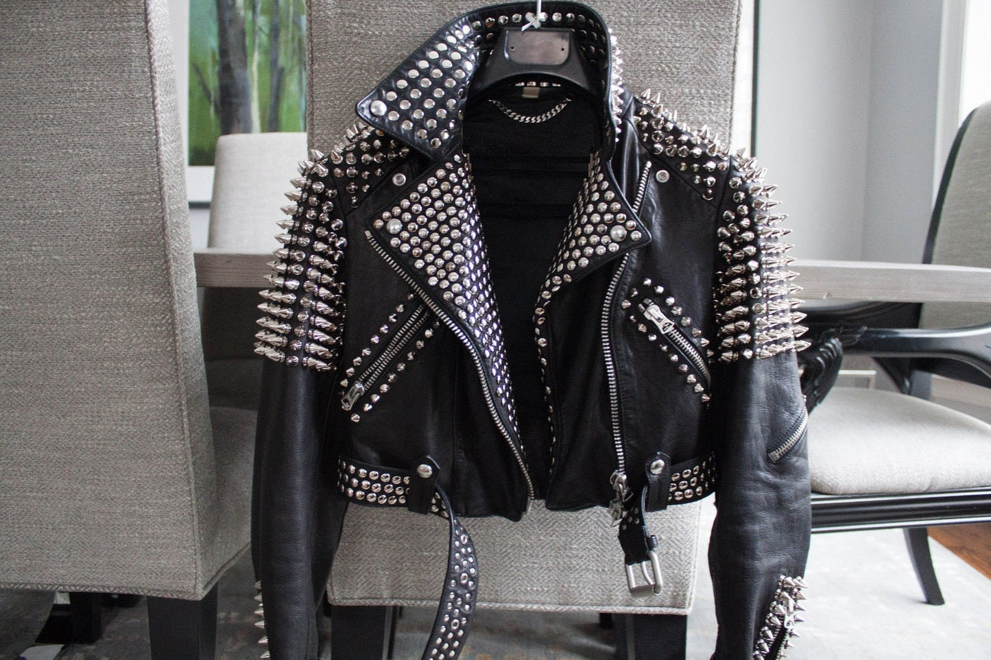Brando Style Half Golden Spiked Studded Leather Jacket