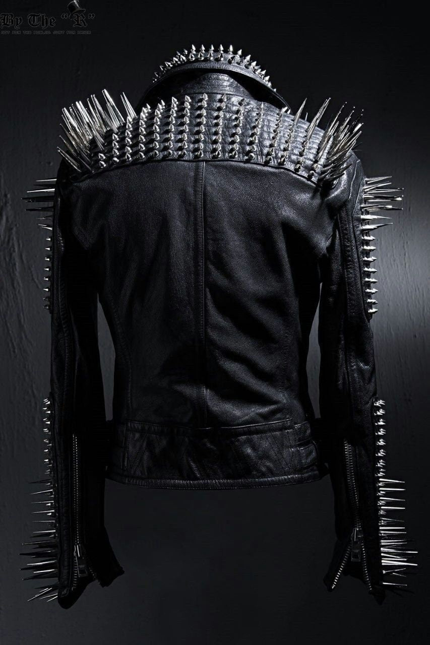 Silver Long Spiked Studded Leather Jacket