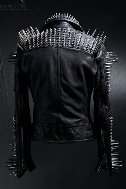 Silver Long Spiked Studded Leather Jacket