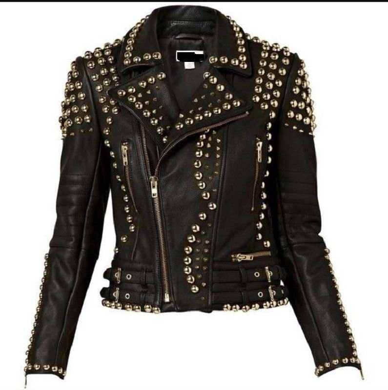 Black Silver Studded Vegan Leather Biker Jacket