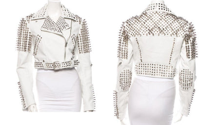 White Silver Studded Leather Biker Jacket