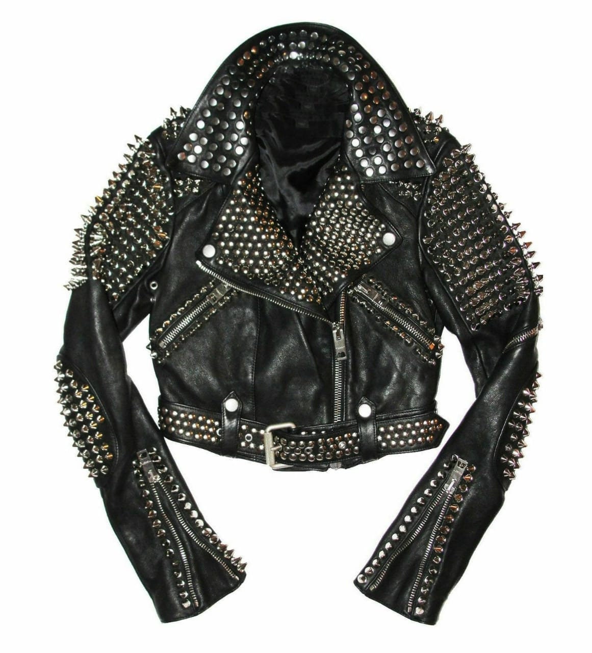 Black Silver Studded Leather Punk Biker Jacket