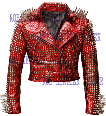 Crimson Venom Spike Studded Brando Leather Jacket