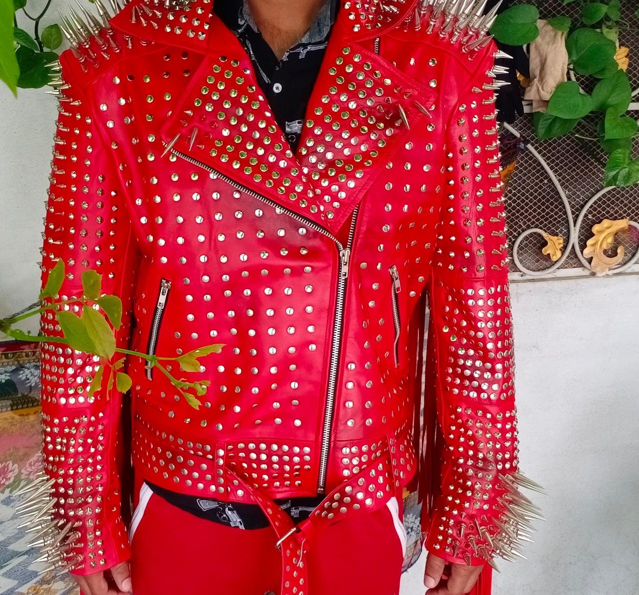 Studded Red Fringed Leather Jacket