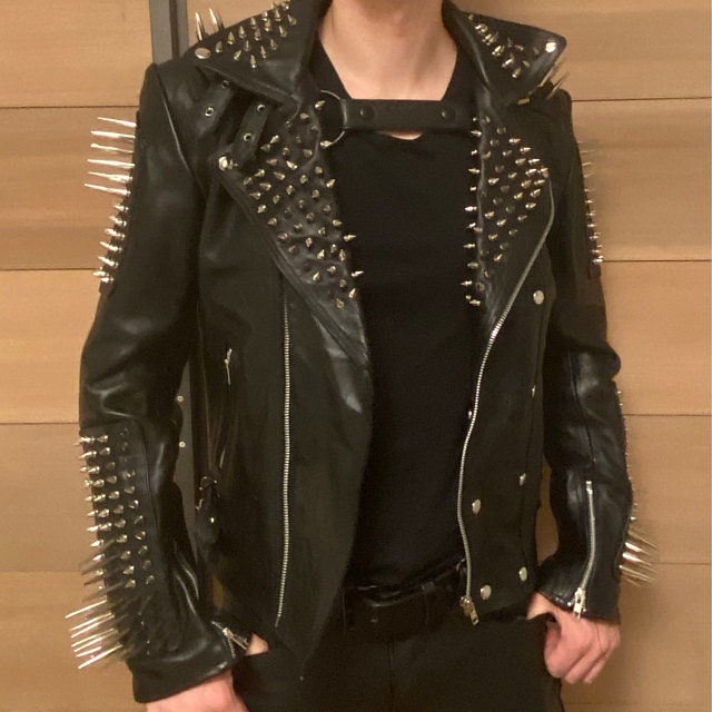Silver Long Spiked Studded Leather Jacket