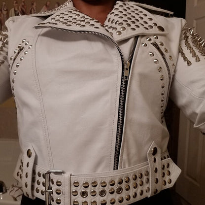 White Silver Studded Leather Biker Jacket