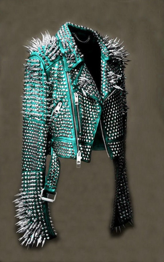 Turquoise Tempest Spiked Studded Leather Jacket