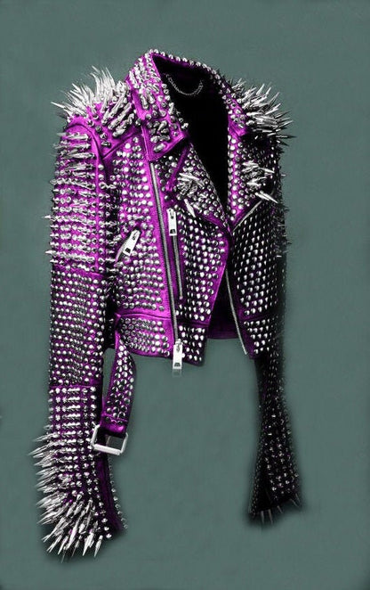 Purple Military Studded Leather Jacket