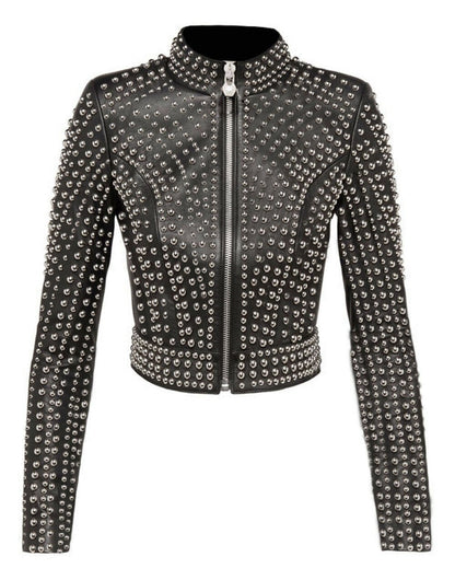Black Silver Dome Studded Leather Jacket