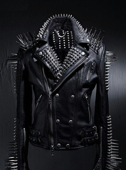 Silver Long Spiked Studded Leather Jacket