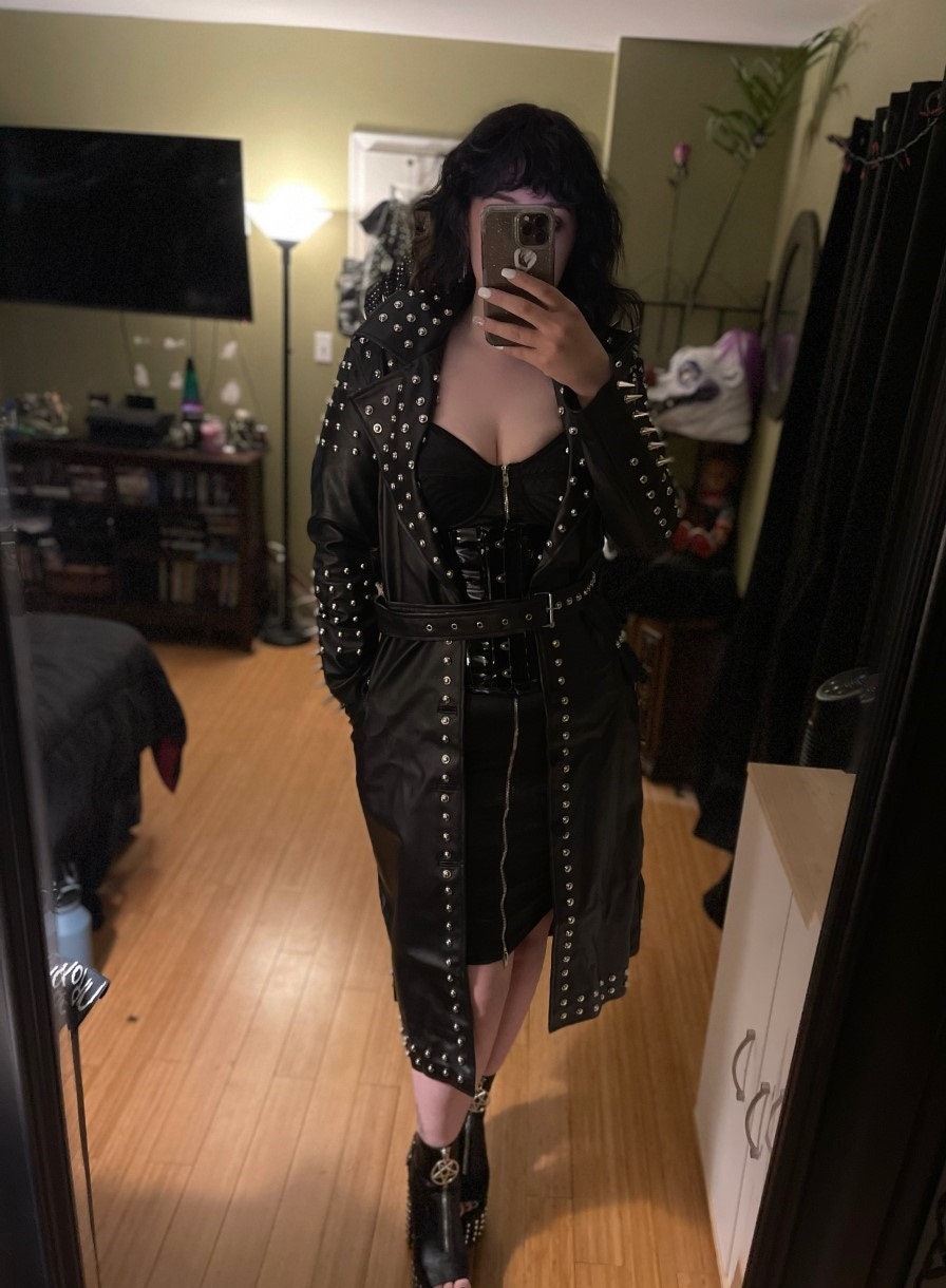 Black Silver Studded Leather Coat