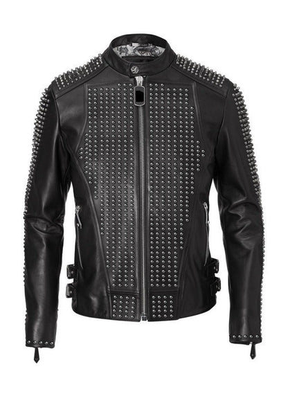 Nightfall Bastion Silver-Studded Bomber Leather Jacket
