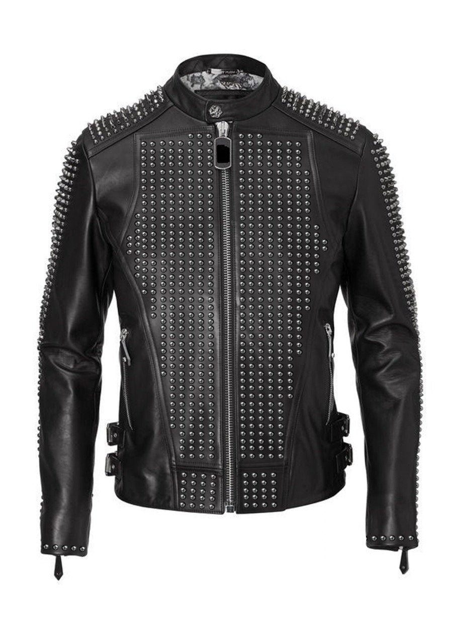 Nightfall Bastion Silver-Studded Bomber Leather Jacket