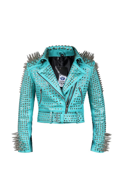 Light Blue Steampunk Studded Leather Jacket
