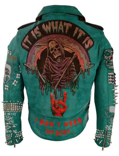 Emerald Vanguard Studded Leather Biker Jacket