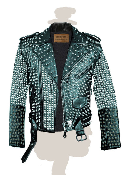 Emerald Warlord Heavy-Spike Studded Leather Jacket