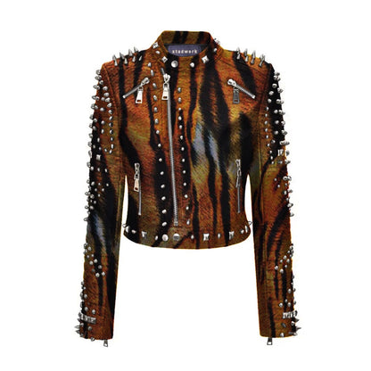 Tiger Stripe Punk Studded Leather Jacket