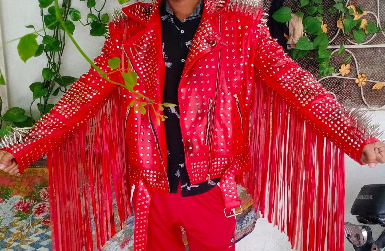 Studded Red Fringed Leather Jacket