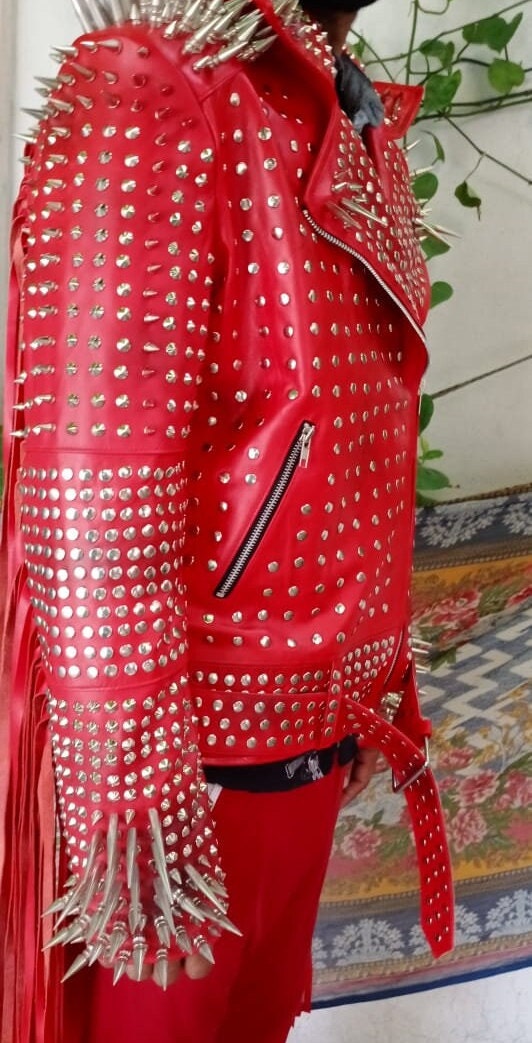 Studded Red Fringed Leather Jacket