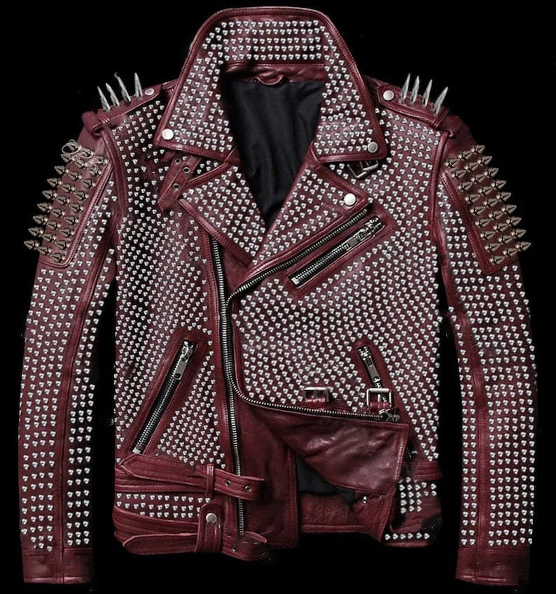 Men’s Maroon Red Full Silver Studded Brando Biker Jacket