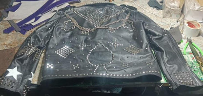 Black Leather Jacket with Silver Studs &amp; Unique Patches