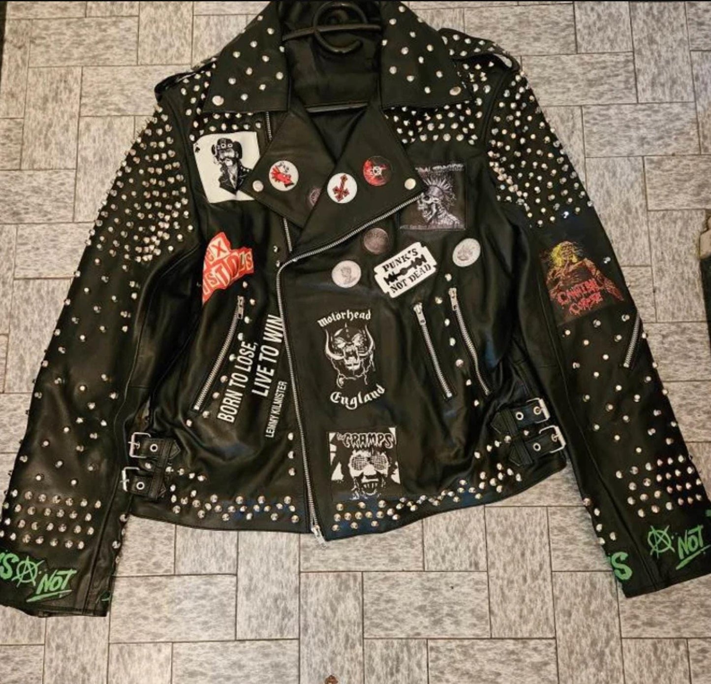 Silver Studded Patches Punk Leather Jacket
