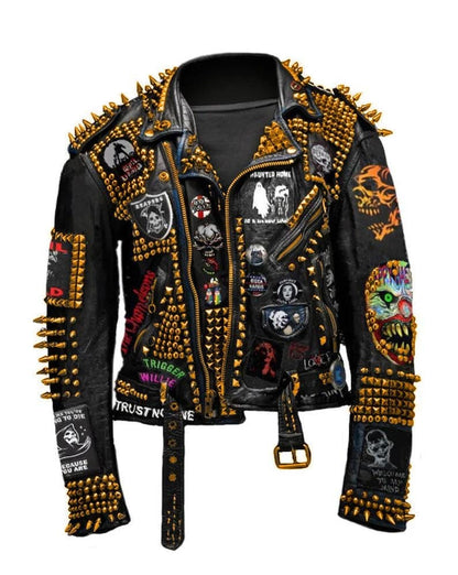 Black Leather Jacket with Golden Studs