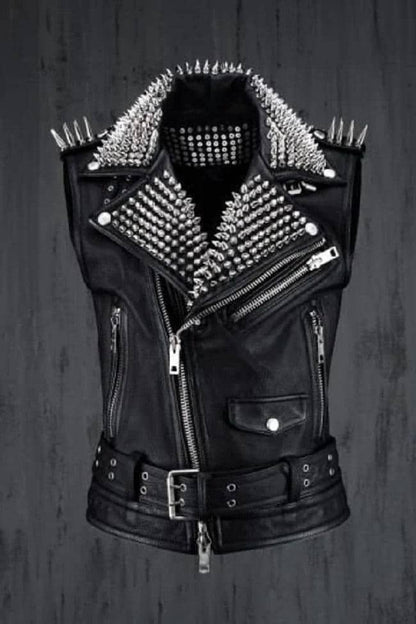 Punk Long Spiked Studded Leather Vest Jacket