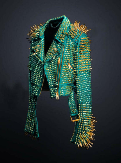 Viridian Green Golden Spiked Brando Biker Jacket